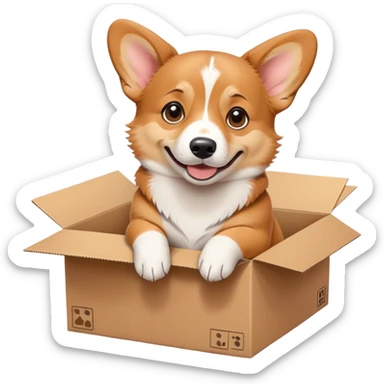  A very cute young corgi  with one's head tilted to one side poked its paws out of the cardboard big box and placed them on top of it sticker