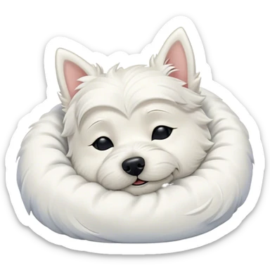 Meme-Worthy Cute Sleeping West Highland White Terrier Portrait Emoji, Head resting peacefully with a contented smile, showcasing a delightfully compact build and a luxuriously soft white coat, eyes shut in a serene nap, Simplified yet hilariously adorable features, highly detailed, glowing with a soft, drowsy light, high shine, relaxed and utterly lovable, stylized with an air of playful laziness, bright and heartwarming, soft glowing outline, capturing the essence of a comically sleepy companion, so meme-worthy it feels like it could instantly become the next viral sensation of adorable slumber! sticker
