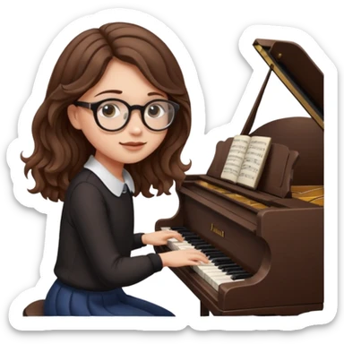 girl brown hair wavy. round glasses eye. playing piano sticker