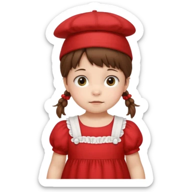 baby girl with brown hair and pigtails with red dress and a hat like My Neighbor Totoro movie sticker