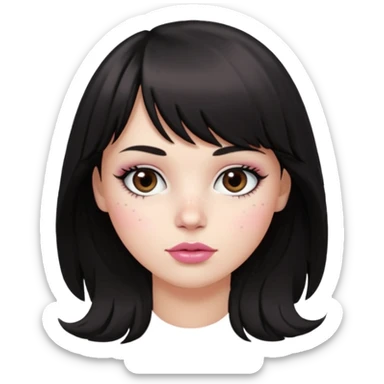 white girl, oval face, bangs and long black, slightly wavy hair. With round brown eyes, small and round nose, full and pink lips. Skin with some freckles. rock style sticker