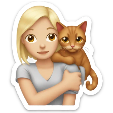 A picture in the style of an iPhone emoji, where a blonde girl with brown eyes hugs a red fold-eared cat sticker