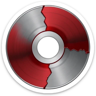 Minimalist emoji-style sticker of a single CD with a sharp crack and a dried blood spot. View from above, black, gray, and muted red.
 sticker