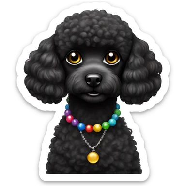 One Small Black Poodle with one  colorful bead necklaces sticker