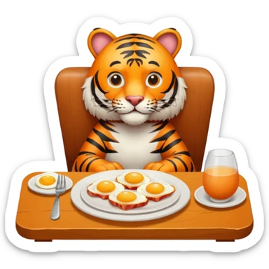 Tiger sitting by a table on a chair with a plate of eggs and bacon in front of him on the table   sticker
