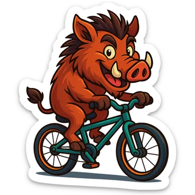 vibrant toon style wild boar on a bicycle sticker