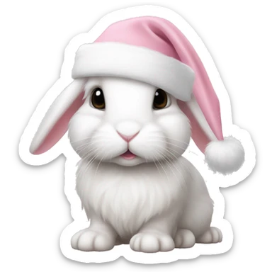 White mini lop rabbit in a light pink Santa hat sticker