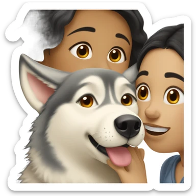 A golden beige Husky next to him a girl with black hair who kisses him on the cheek sticker