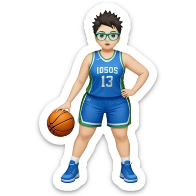 full body white plus size women basketball player with short spiky dark hair with added blond highlights wearing blue glasses wearing blue and green uniform sticker