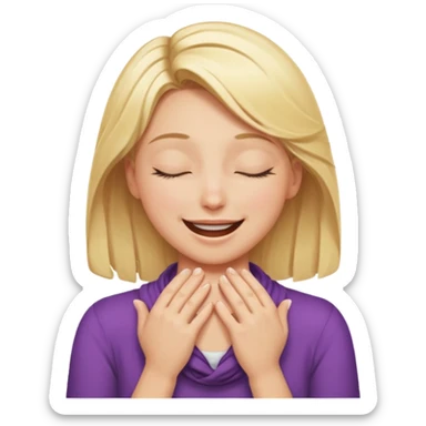 Happy blonde girl with eyes closed and mouth smiling and hands cupped around her neck - her eyes are squinty with excitment sticker