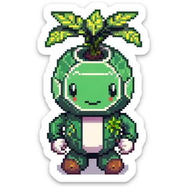 Green bomberman character, nature themed design, plant-like antenna, friendly expression, cute pixel art style sticker