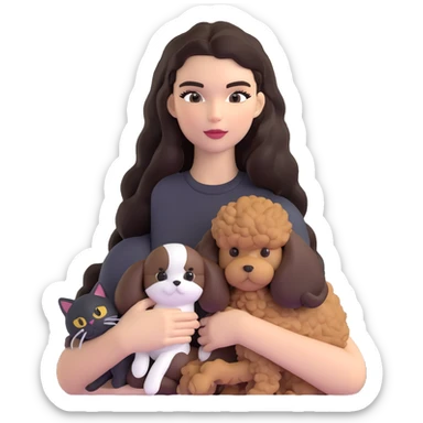 Kendall Jenner with long dark hair, holding a brown poodle and a black and white cat sticker