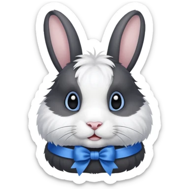 a white and black realistic domestic rabbit with a blue ribbon on its neck sticker
