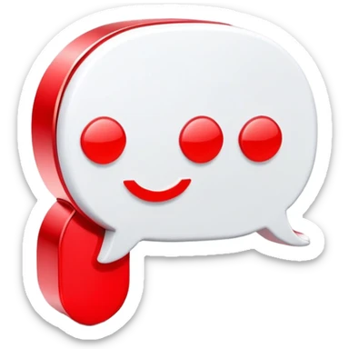 A sleek 3D icon of an AI assistant with glowing red elements, chat bubbles, and subtle YouTube play button integration, white background, modern tech style sticker