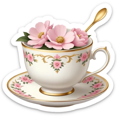 White teacup with baby pink floral antique print with gold accents  sticker