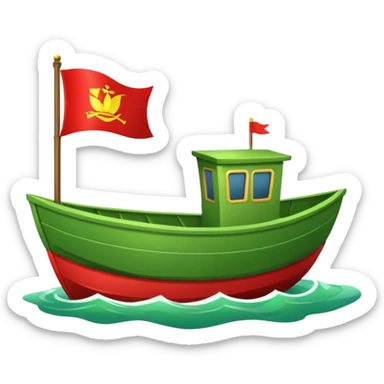green boat in cartoon having a small place to live and a small red flag on it sticker
