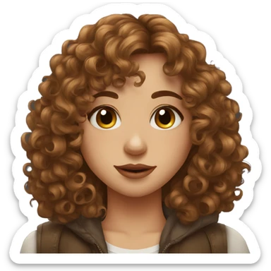 Pretty girl with shoulder length brown curly hair and bangs and a septum piercing  sticker