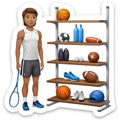 a white person with brown hair standing next to a shelf where sports equipment is placed sticker