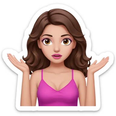 girl with long wavy brown hair, brown eyes, long lashes makeup, sexy pink lips, light to medium complexion, pink sexy top, two hands up, shrugging, confused sticker