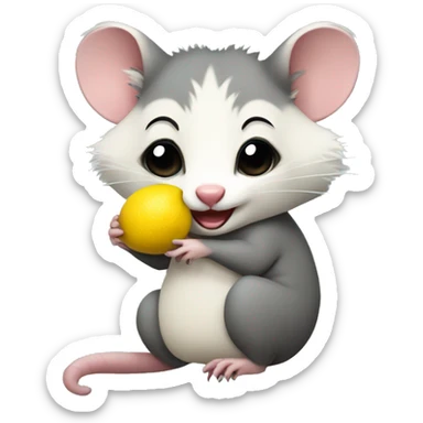 opossum holding a lemon sticker