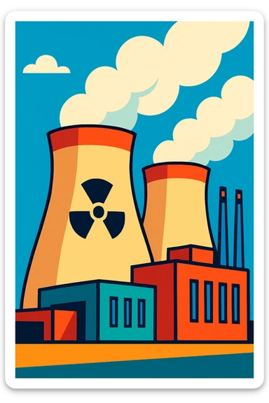 stylized illustration of a nuclear power plant with cooling towers, visible steam, modern and clean look sticker