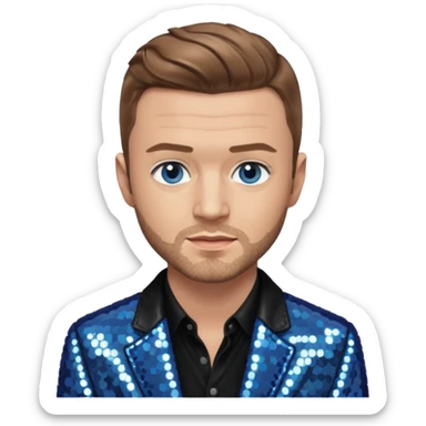 Justin Timberlake with light brown hair, gray sequin jacket, black shirt, blue eye, light skin sticker