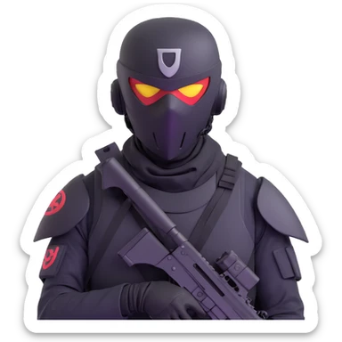 armed figure in all-black military clothing, shiesty mask, helmet, dramatic lighting sticker