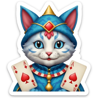 crazy colorful cute little cat jolly joker from poker, medieval, vintage, court jester, mac os icon, blue color, holds poker cards sticker
