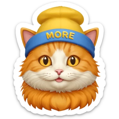 Make cat wearing cute hat that are yellow and has blue text that says More food!!! sticker