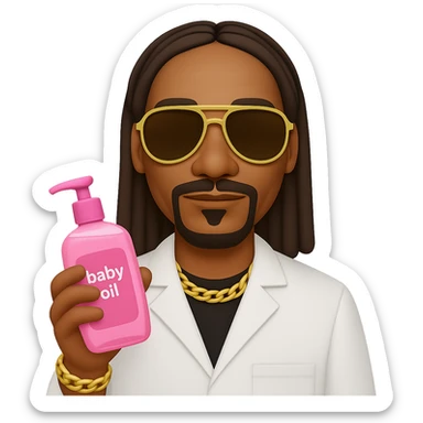 Change the baby oil bottle to pink, Snoop Dogg with sunglasses holding it, in emoji style with no background. sticker