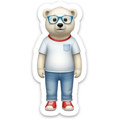 friendly anthropomorphised polar bear standing upright, looking relaxed, wearing a shirt, jeans, trainers, oversized multicolored extravagant glasses sticker