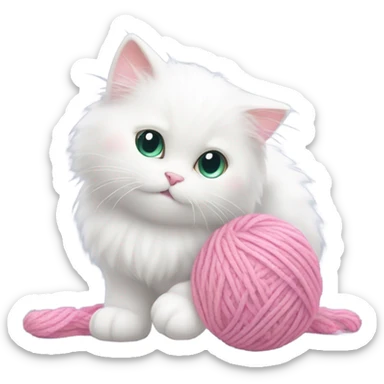White cat playing with pink yarn sticker