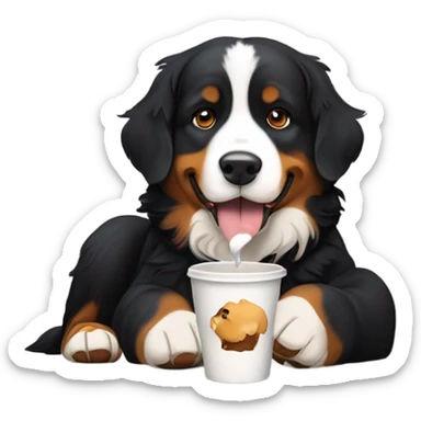 Bernese mountain dog eating a pup cup sticker