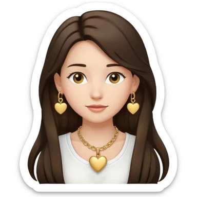 Brunnette pretty girl with long hair and a White top and heart gold necklece with gols bracelets and gold hoop earrings   sticker