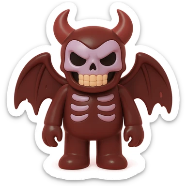 horrifying monster with skeletal features, tattered wings, sinister grin, dark red and black colors, vinyl figure style sticker