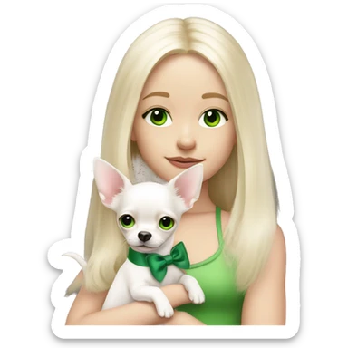 pale blond girl with long platinum hair with green eyes holding a white chihuahua puppy that wearing a pink bow sticker