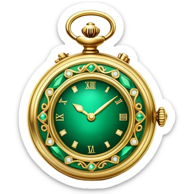 A luxurious emerald and gold antique watch emoji, styled as a precious relic, detailed and elegant, glowing softly sticker