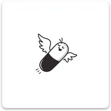 Medicine pill or capsule with small wings attached, flying through the air sticker
