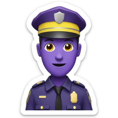 Purple man in a purple police suit with a yellow badge sticker