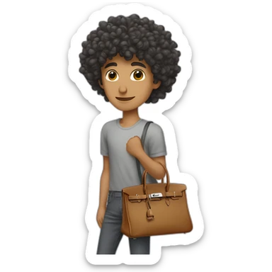 Handsome skinny latino with curly hairs wearing a grey hermes Birkin bag sticker