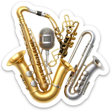Create an artistic and dynamic emoji representing jazz vocal performance, featuring a vintage microphone as the central focus. Surround the microphone with traditional jazz instruments, such as a saxophone, trumpet, and upright bass, arranged in a harmonious, flowing design. Add musical notes and sound waves emanating from the microphone to symbolize the improvisational and expressive nature of jazz vocals. The instruments should have a polished, classic appearance with metallic gold and silver accents. Use rich colors like deep black, gold, and burgundy to evoke the sophisticated and soulful atmosphere of a jazz club. The background should be transparent. sticker