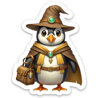 A wizard-explorer penguin inspired by Indiana Jones, wearing a weathered yellow enchanted hat and a flowing cape. It carries a leather satchel with ancient scrolls and holds a glowing magical relic. Cartoon-style, smooth shading, highly detailed, no background sticker