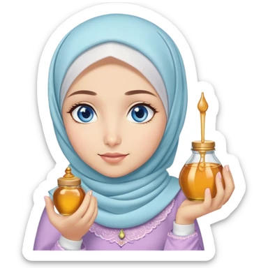 Turkish beautiful finish Konya girl blue eyes with honeycomb pastel hijab islamic dress and had on her hand honey sticker