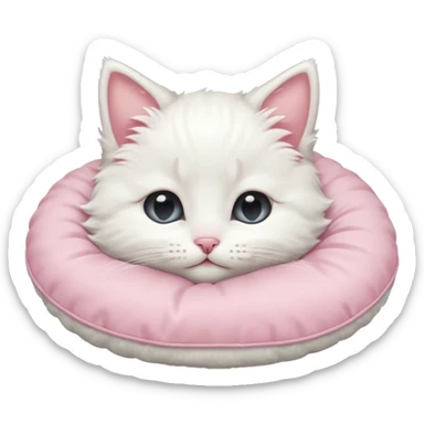 white fluffy kitten cuddled against a pillow, blushing, eyes shut in > < shape sticker