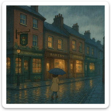ghibli style London street scene with cozy shops and rainy weather sticker