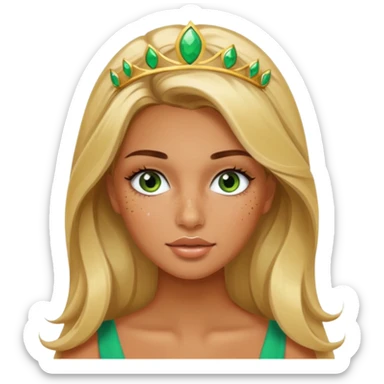 miss universe tanned girl with very long blonde brown hair and green brown eyes and freckles along her nose and cheeks and long eyelashes sticker