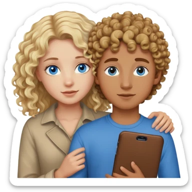 blonde girl with blue eyes holding a brown teenage boy with curly hair  sticker