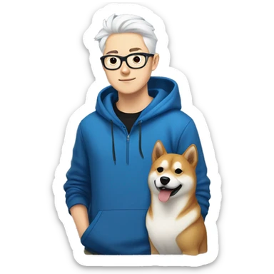 A young guy with white hair ponytail white skin black-framed glasses and nose piercing wearing  blue hoodie and a Shiba Inu dog next to him sticker