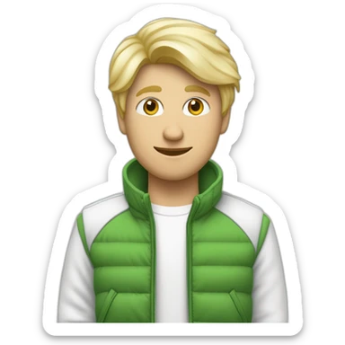 een man met witte tanden en een groene jas aan en kort blond haar heeft en een spijker broek aan heeft met paarse schoenen met witte strepen sticker