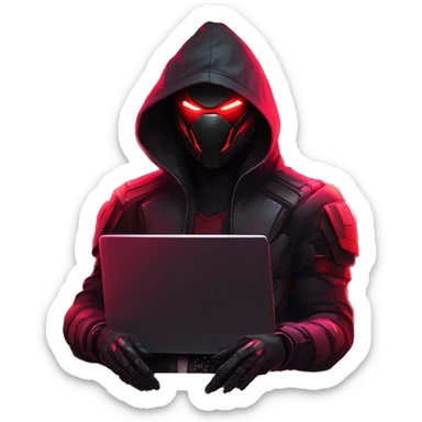 developer behind his laptop with this style : crysis Cyberpunk Riot Games Valorant neon glowing bright red character red dark black hooded assassin themed character sticker